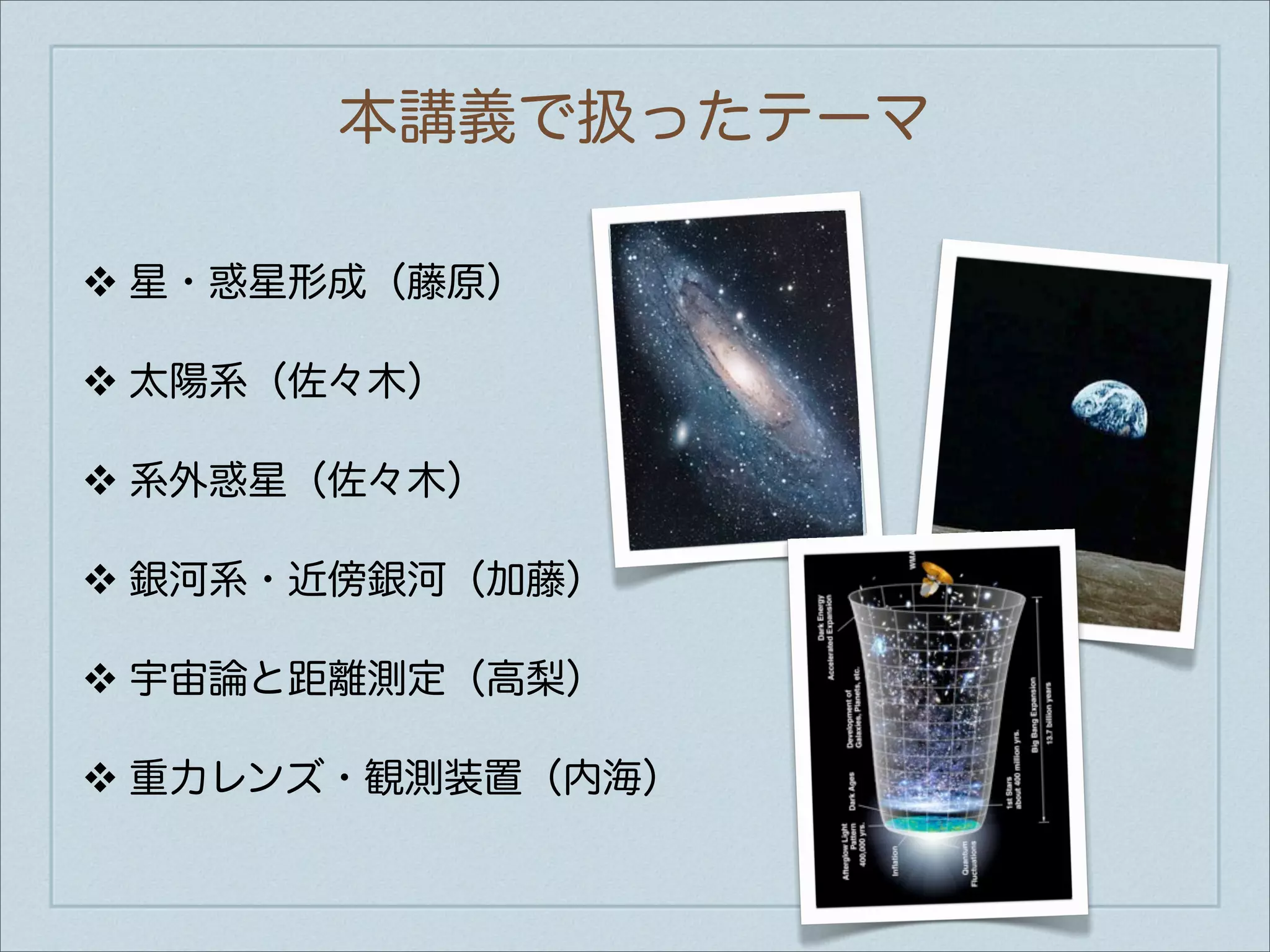 本講義で扱ったテーマ

❖   星・惑星形成（藤原）

❖   太陽系（佐々木）

❖   系外惑星（佐々木）

❖   銀河系・近傍銀河（加藤）

❖   宇宙論と距離測定（高梨）

❖   重力レンズ・観測装置（内海）
 