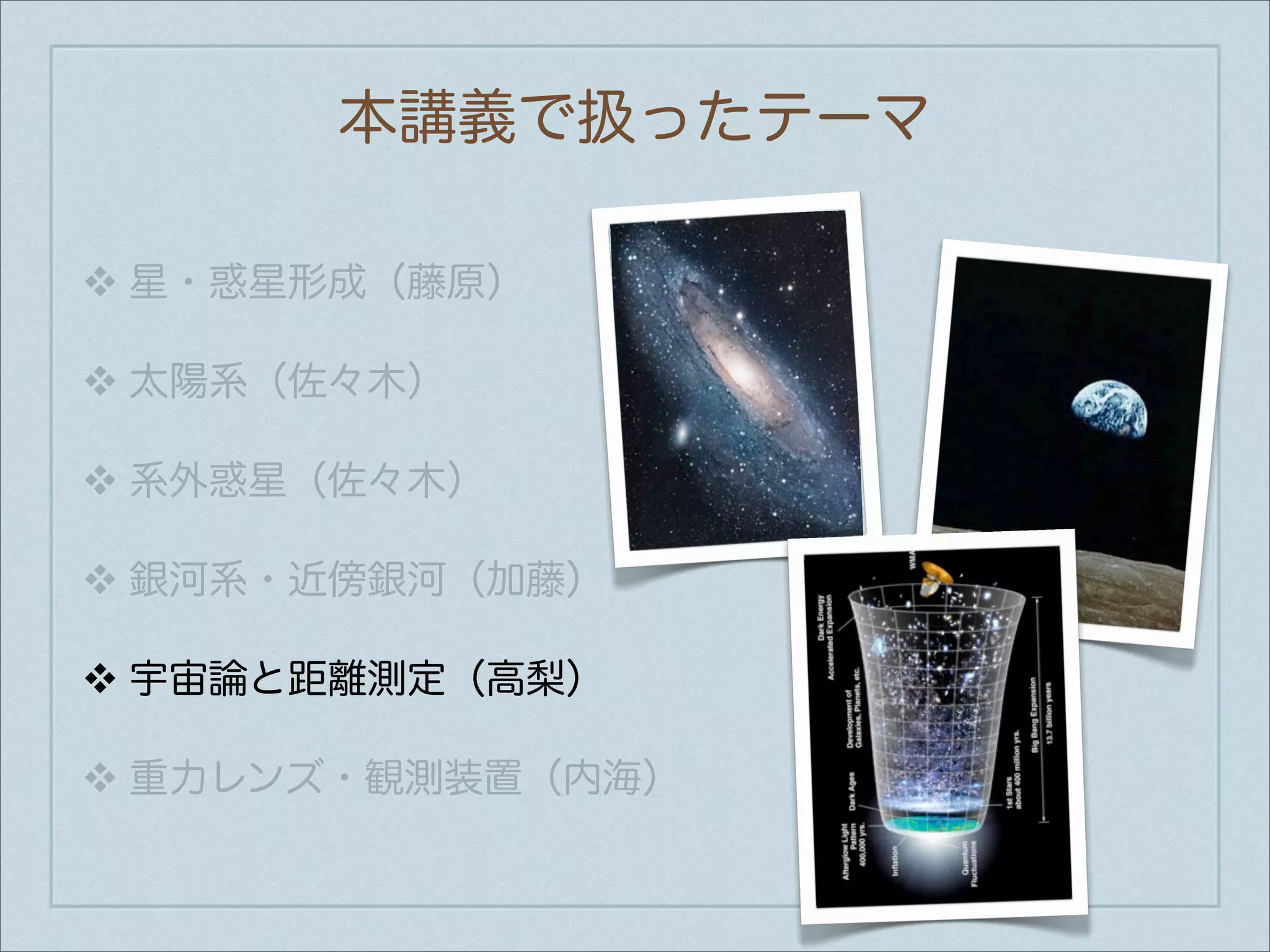 本講義で扱ったテーマ

❖   星・惑星形成（藤原）

❖   太陽系（佐々木）

❖   系外惑星（佐々木）

❖   銀河系・近傍銀河（加藤）

❖   宇宙論と距離測定（高梨）

❖   重力レンズ・観測装置（内海）
 