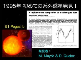 1995年 初めての系外惑星発見！
                              1995年！



51 Pegasi b




                                     46


              発見者：
              M. Mayor & D. Queloz
 