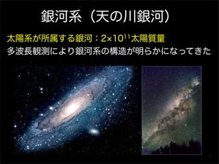 銀河系（天の川銀河）
太陽系が所属する銀河：2 1011太陽質量
多波長観測により銀河系の構造が明らかになってきた
 
