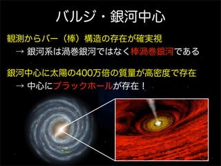 バルジ・銀河中心
観測からバー（棒）構造の存在が確実視
 → 銀河系は渦巻銀河ではなく棒渦巻銀河である

銀河中心に太陽の400万倍の質量が高密度で存在
 → 中心にブラックホールが存在！
       銀河系：まとめ
           構造
           ・ハロー： 古い天体
           ・ディスク： 若い天体
            ・渦状腕
           ・バルジ
            ・「バー」
           ・中心にブラックホール

           多波長観測で
           最近明らかになってきた


           ‥まだまだ分かって
            いないことも多い
 