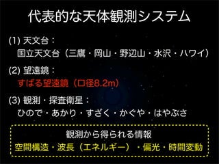 代表的な天体観測システム
(1) 天文台：
 国立天文台（三鷹・岡山・野辺山・水沢・ハワイ）

(2) 望遠鏡：
 すばる望遠鏡（口径8.2m）

(3) 観測・探査衛星：
 ひので・あかり・すざく・かぐや・はやぶさ

      観測から得られる情報
空間構造・波長（エネルギー）・偏光・時間変動
 