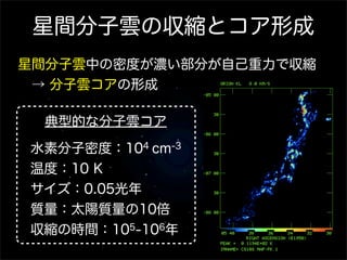 星間分子雲の収縮とコア形成
星間分子雲中の密度が濃い部分が自己重力で収縮
 → 分子雲コアの形成

 典型的な分子雲コア
水素分子密度：104 cm-3
温度：10 K
サイズ：0.05光年
質量：太陽質量の10倍
収縮の時間：105-106年
 