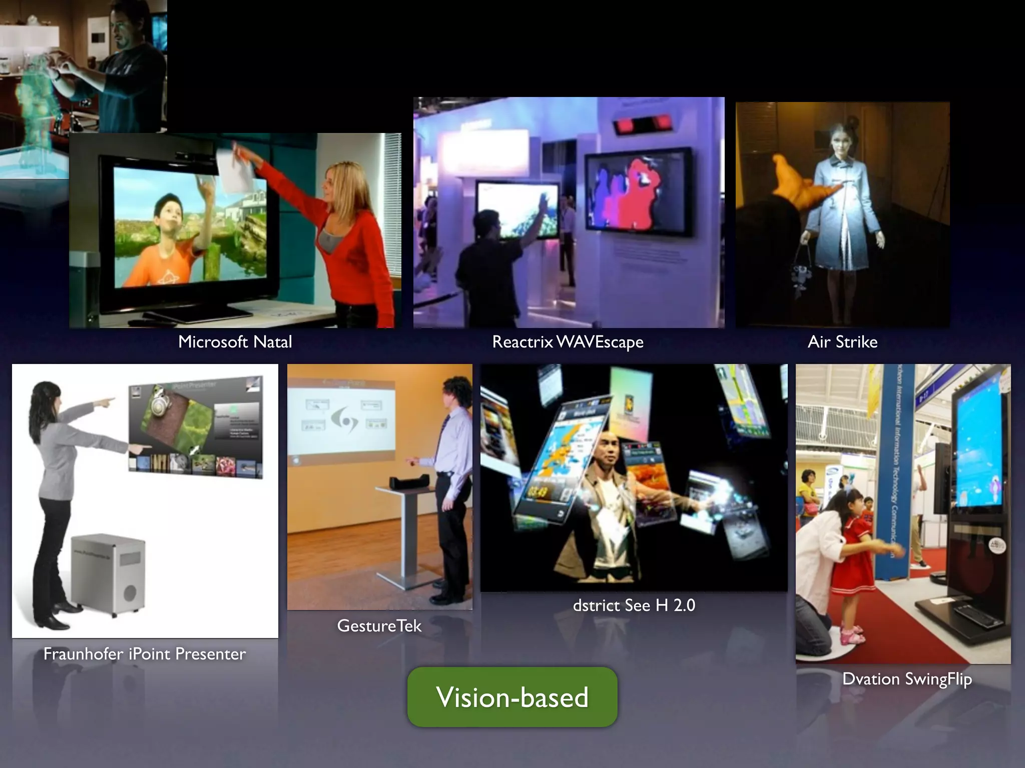 Microsoft Natal                    Reactrix WAVEscape           Air Strike




                                                             dstrict See H 2.0
                                   GestureTek
Fraunhofer iPoint Presenter
                                                                                     Dvation SwingFlip
                                                Vision-based
 
