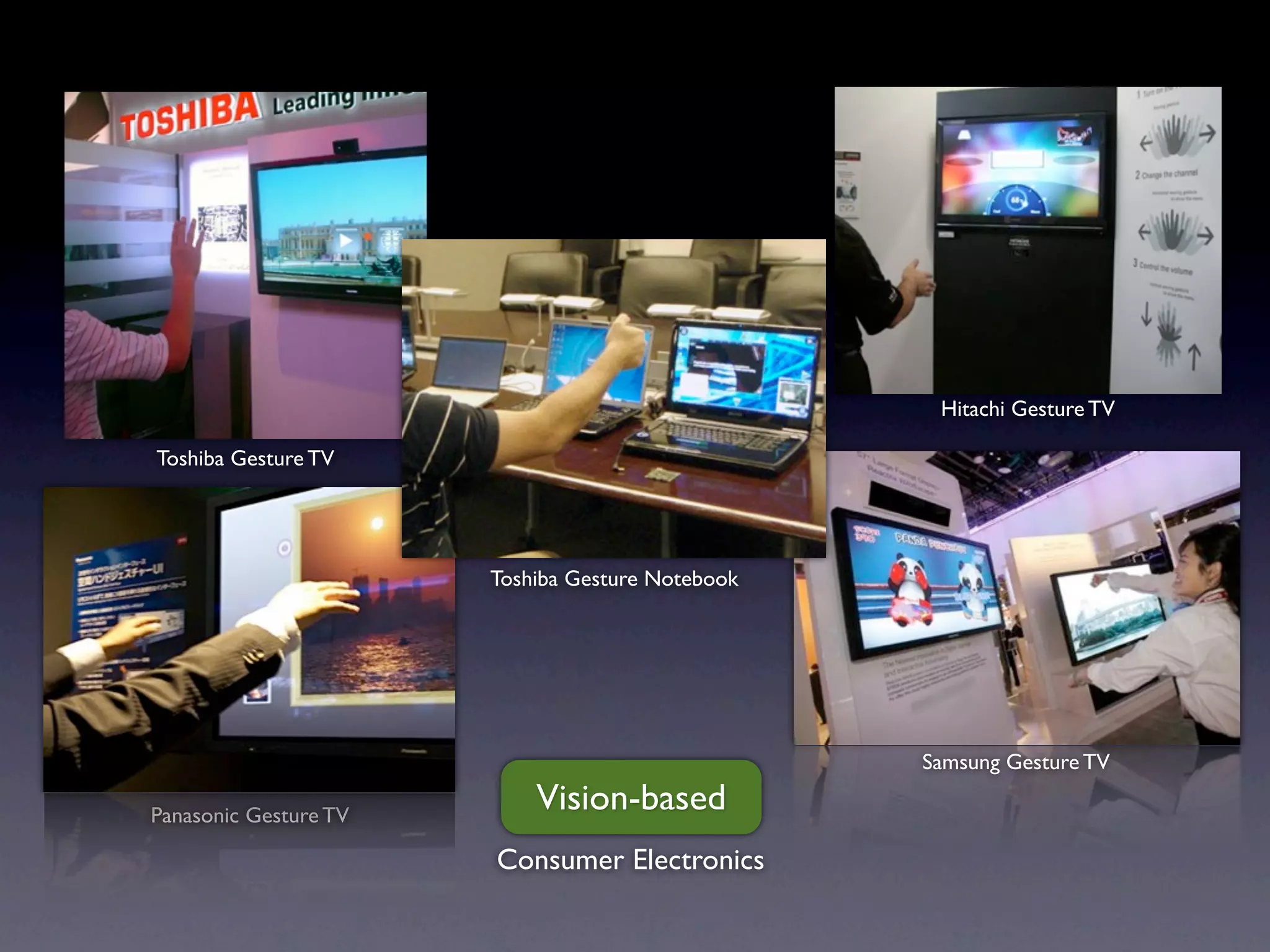 Hitachi Gesture TV

Toshiba Gesture TV




                       Toshiba Gesture Notebook




                                                  Samsung Gesture TV

Panasonic Gesture TV
                           Vision-based
                       Consumer Electronics
 