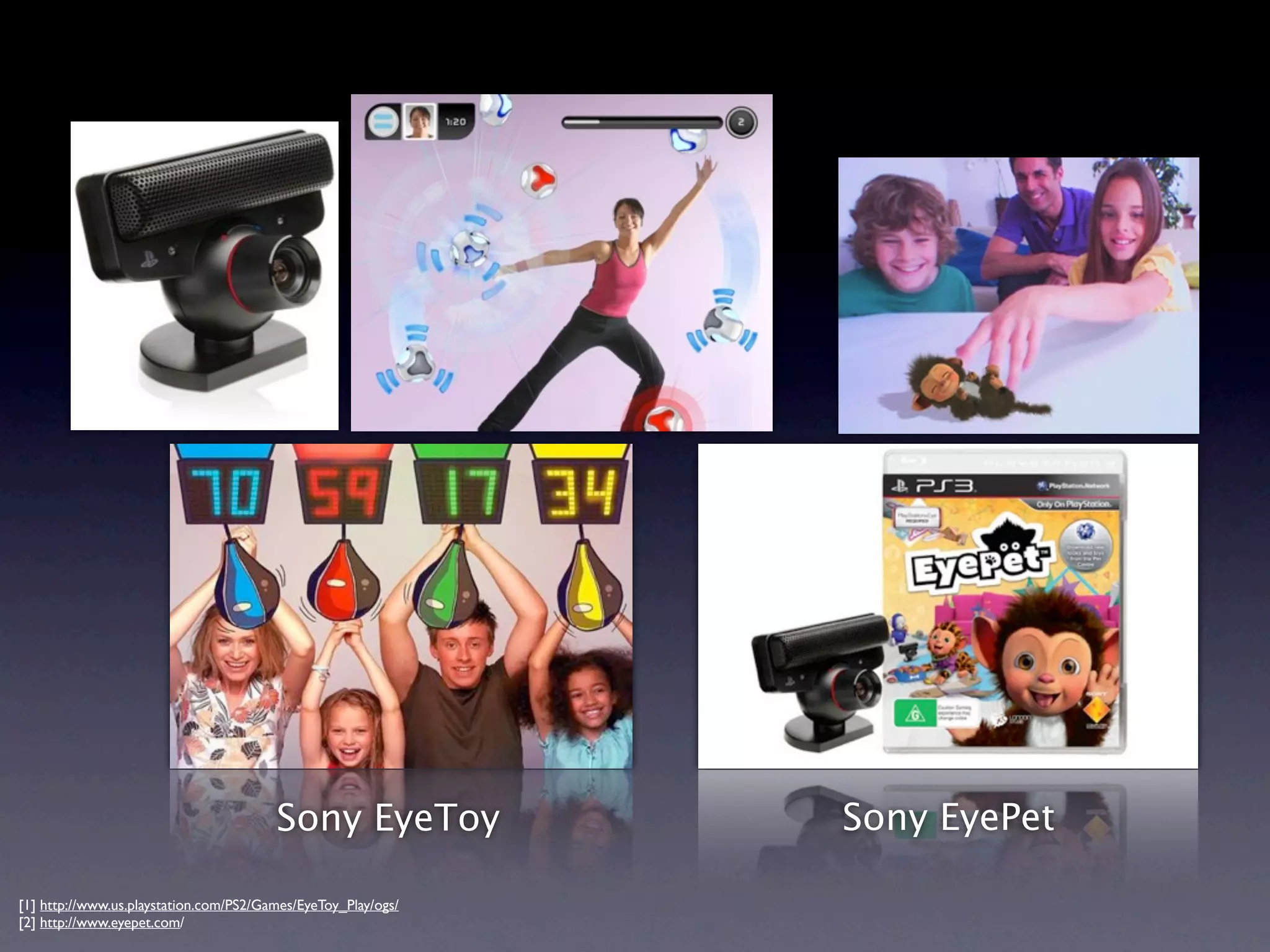 Sony EyeToy            Sony EyePet

[1] http://www.us.playstation.com/PS2/Games/EyeToy_Play/ogs/
[2] http://www.eyepet.com/
 