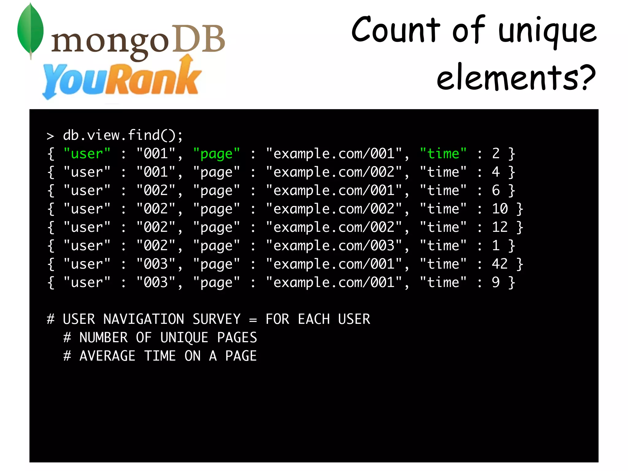 Count of unique
                                                  elements?
>   db.view.find();
{   "user" : "001",   "page"   :   "example.com/001",   "time"   :   2 }
{   "user" : "001",   "page"   :   "example.com/002",   "time"   :   4 }
{   "user" : "002",   "page"   :   "example.com/001",   "time"   :   6 }
{   "user" : "002",   "page"   :   "example.com/002",   "time"   :   10 }
{   "user" : "002",   "page"   :   "example.com/002",   "time"   :   12 }
{   "user" : "002",   "page"   :   "example.com/003",   "time"   :   1 }
{   "user" : "003",   "page"   :   "example.com/001",   "time"   :   42 }
{   "user" : "003",   "page"   :   "example.com/001",   "time"   :   9 }

# USER NAVIGATION SURVEY = FOR EACH USER
  # NUMBER OF UNIQUE PAGES
  # AVERAGE TIME ON A PAGE
 