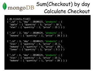 Sum(Checkout) by day
                         Calculate Checkout
> db.tickets.find()
{ "_id" : 1, "day" : 20100123, "produ...
