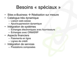 Besoins « spéciaux »Sites e-Business  Réalisation sur mesureCatalogue très dynamiqueLiaison web-caisseAjout/suppression dynamiqueIntégration de systèmesEchanges électroniques avec fournisseursEchanges avec CRM/ERPAspects financiersPaiements en ligneLignes de créditIntégration de servicesPrestations composées