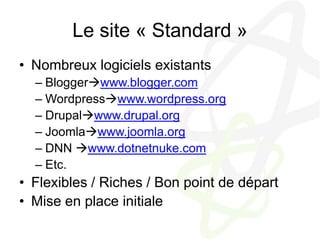 Le site « Standard »Nombreux logiciels existantsBloggerwww.blogger.comWordpresswww.wordpress.orgDrupalwww.drupal.orgJoomlawww.joomla.orgDNN www.dotnetnuke.comEtc.Flexibles / Riches / Bon point de départMise en place initiale
