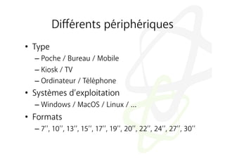 Diﬀérents périphériques
•  Type
  –  Poche / Bureau / Mobile
  –  Kiosk / TV
  –  Ordinateur / Téléphone
•  Systèmes d’exploitation
  –  Windows / MacOS / Linux / …
•  Formats
  –  7’’, 10’’, 13’’, 15’’, 17’’, 19’’, 20’’, 22’’, 24’’, 27’’, 30’’
 