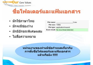 ชื่อโฟลเดอรและแฟมเอกสาร
• มักใชภาษาไทย
• มักจะมีชองวาง
          
• มักมีอักขระพิเศษผสม
• ไมสื่อความหมาย


         หนวยงานของทานมีขอกําหนดเกี่ยวกับ
                               
          การตั้งชือโฟลเดอรและแฟมเอกสาร
                   ่
                     แลวหรือยัง !!!!!
 