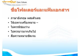 ชื่อโฟลเดอรและแฟมเอกสาร
• ภาษาอังกฤษ ผสมตัวเลข
• ใชเฉพาะเครืองหมาย –
              ่
• ไมควรมีชองวาง
• ไมควรยาวมากเกินไป
• สื่อความหมายชัดเจน
 