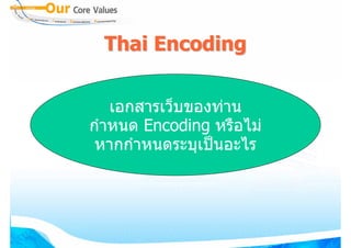 Thai Encoding


   เอกสารเว็บของทาน
กําหนด Encoding หรือไม
 หากกําหนดระบุเปนอะไร
 
