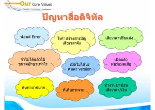 ปญหาสือดิจทัล
                      ่   ิ

 ฟอนต Error        โห!! สรางสารบัญ     เสียเวลาปรับแตง
                      เสียเวลาจัง


 จําไมไดแลวใช                            เปดแลว
ขนาดอักษรเทาไร           เปดไมไดนะ      ฟอรแมตเสีย
                         คนละ version


                                         ทํางานซ้ําซอน
  คนหายากมาก
                      ที่เก็บกระจาย      เสียเวลา/เงิน
 