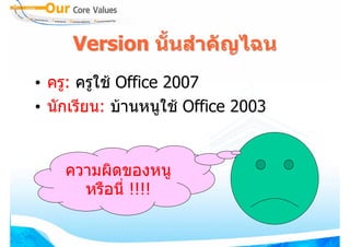 Version นั้นสําคัญไฉน
• ครู: ครูใช Office 2007
• นักเรียน: บานหนูใช Office 2003


    ความผิดของหนู
      หรือนี่ !!!!
 