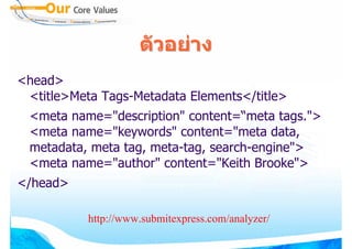 ตัวอยาง
<head>
 <title>Meta Tags-Metadata Elements</title>
 <meta name="description" content=“meta tags.">
 <meta name="keywords" content="meta data,
 metadata, meta tag, meta-tag, search-engine">
 <meta name="author" content="Keith Brooke">
</head>

           http://www.submitexpress.com/analyzer/
 