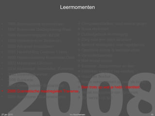 Leermomenten    Complementariteit; rood versus groen     Bouw diversiteit    Dubbelgebruik en menging    Zorg voor een open structuur     Bedenk strategieën voor regelgeving    Openbare ruimte is verblijfsruimte    Veranderbaarheid     Niet teveel ineens    Evalueer, documenteer en leer    Inbreiden vergroot het weefsel    Houd het flexibel    Neem vaker contact op met ‘de buren’    Ben trots op wat je hebt / identiteit  Maak knoppunten van dynamiek En vertrek op tijd! 27 jan 2010 Ivo Bastiaansen 1996 Structuurvisie Houtsestraat  1997 Boswonen Geldropseweg West  1998 Bestemmingsplan BZOB 1999 Winkelcentrum Straakven 2000 Adviezen bouwzaken 2001 Herinrichting Centrum ‘t Hout 2002 Herstructurering Binnenstad Oost 2003 Masterplan Centrum 2004 Kluisstraat  Ameideflat  Zuidende 2005 Steenwegkwartier 2006 Suytkade 2007 Ontwerpatelier Brabantstad  2008 Cosmetische maatregelen Traverse 2009 Spoorzone / Stationskwartier  