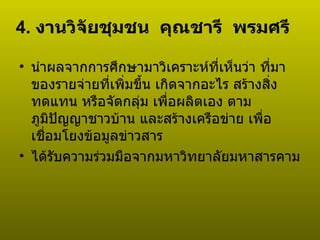 4.  งานวิจัยชุมชน  คุณชารี  พรมศรี นำผลจากการศึกษามาวิเคราะห์ที่เห็นว่า ที่มาของรายจ่ายที่เพิ่มขึ้น เกิดจากอะไร สร้างสิ่งทดแทน หรือจัดกลุ่ม เพื่อผลิตเอง ตามภูมิปัญญาชาวบ้าน และสร้างเครือข่าย เพื่อเชื่อมโยงข้อมูลข่าวสาร ได้รับความร่วมมือจากมหาวิทยาลัยมหาสารคาม   