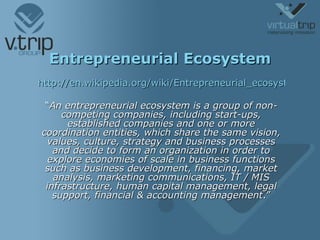 Entrepreneurial Ecosystem http://en.wikipedia.org/wiki/Entrepreneurial_ecosystem “ An entrepreneurial ecosystem is a group of non-competing companies, including start-ups, established companies and one or more coordination entities, which share the same vision, values, culture, strategy and business processes and decide to form an organization in order to explore economies of scale in business functions such as business development, financing, market analysis, marketing communications, IT / MIS infrastructure, human capital management, legal support, financial & accounting management .” 