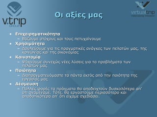 Οι αξίες μας Επιχειρηματικότητα   Βάζουμε στόχους και τους πετυχαίνουμε Χρησιμότητα Δουλεύουμε για τις πραγματικές ανάγκες των πελατών μας, της κοινωνίας και της οικονομίας Καινοτομία Ψάχνουμε συνεχώς νέες λύσεις για τα προβλήματα των πελατών μας Ποιότητα Διαπραγματευόμαστε τα πάντα εκτός από την ποιότητα της εργασίας μας Δέσμευση Πολλές φορές τα πράγματα θα αποδειχτούν δυσκολότερα απ’ ότι αναμέναμε. Τότε, θα εργαστούμε περισσότερο και αποδοτικότερα απ’ ότι είχαμε σχεδιάσει. 