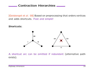 Contraction Hierarchies


[Geisberget et al. 08] Based on preprocessing that orders vertices
and adds shortcuts. Fast and simple!


Shortcuts:



                        100
                                      101        110

                    1         10



                                            11



A shortcut arc can be omitted if redundant (alternative path
exists).


Highway dimension                                               14
 