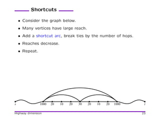 Shortcuts

    • Consider the graph below.
    • Many vertices have large reach.
    • Add a shortcut arc, break ties by the number of hops.
    • Reaches decrease.
    • Repeat.




s               1000   20   10   20   30   20   10   20   1000    t

Highway dimension                                                23
 