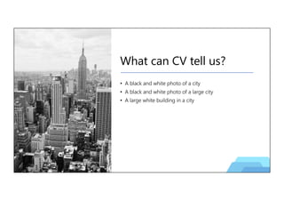 What can CV tell us?
• A black and white photo of a city
• A black and white photo of a large city
• A large white building in a city
 