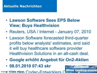 Relevanz von M&A in 2010M&A seit Jahresbeginn (Stand 13.1.10)Weltweit 489 M&A Transaktionen,  27,93 Milliarden € Europa: 107 Transaktionen, 17,9 Milliarden €M&A in Europa 2010 könnte um rund 20 Prozent zulegen Quelle: Umfrage der Boston Consulting Group und der UBS unter 160 CEOs