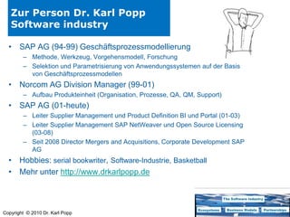 Zur Person Dr. Karl PoppSoftware industrySAP AG (94-99) GeschäftsprozessmodellierungMethode, Werkzeug, Vorgehensmodell, ForschungSelektion und Parametrisierung von Anwendungssystemen auf der Basis von GeschäftsprozessmodellenNorcom AG Division Manager (99-01)Aufbau Produkteinheit (Organisation, Prozesse, QA, QM, Support)SAP AG (01-heute)Leiter Supplier Management und Product Definition BI und Portal (01-03)Leiter Supplier Management SAP NetWeaver und Open Source Licensing (03-08)Seit 2008 Director Mergers and Acquisitions, Corporate Development SAP AG Hobbies: serial bookwriter, Software-Industrie, BasketballMehr unter http://www.drkarlpopp.de