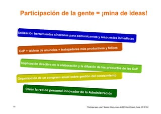 Participación de la gente = ¡mina de ideas!

     Utilización herramient
                              as síncronas para co
                                                     municarnos y respue
                                                                        st                    as inmediatas


                                                     oductivos y felices
     CoP + tablero de anuncios = trabajadores más pr



       Implicación directiva
                             en la elaboración y la
                                                    difusión de los prod
                                                                         uctos de                               las CoP

                                                  ón del conocimiento
     Organización de un congreso anual sobre gesti


          Crear la red de perso
                                nal    innovador de la Adm
                                                                     inistración



53                                                       “Participar para crear” Gasteiz-Vitoria, enero de 2010 Jordi Graells Costa. CC BY 3.0
 