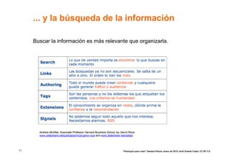 ... y la búsqueda de la información

     Buscar la información es más relevante que organizarla.




       Andrew McAfee, Associate Professor Harvard Business School (by Genís Roca
       www.slideshare.net/justicia/ponncia-gens-roca and www.slideshare.net/odilas)




71                                                                       “Participar para crear” Gasteiz-Vitoria, enero de 2010 Jordi Graells Costa. CC BY 3.0
 