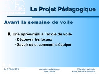 Éducation Nationale
École de Voile Rochelaise
Le 3 Février 2010 Animation pédagogique
Voile Scolaire
Le Projet PédagogiqueLe Projet Pédagogique
Avant la semaine de voile
Une après-midi à l’école de voile
• Découvrir les locaux
• Savoir où et comment s’équiper
 