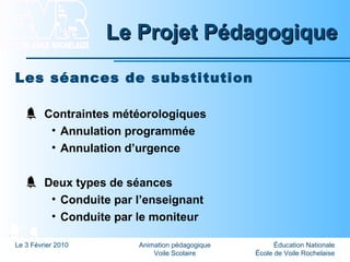 Éducation Nationale
École de Voile Rochelaise
Le 3 Février 2010 Animation pédagogique
Voile Scolaire
Le Projet PédagogiqueLe Projet Pédagogique
Les séances de substitution
Contraintes météorologiques
• Annulation programmée
• Annulation d’urgence
Deux types de séances
• Conduite par l’enseignant
• Conduite par le moniteur
 
