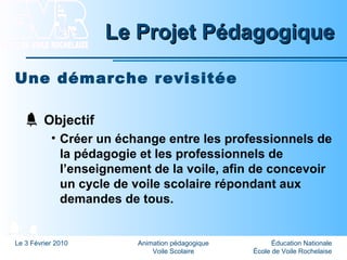 Éducation Nationale
École de Voile Rochelaise
Le 3 Février 2010 Animation pédagogique
Voile Scolaire
Le Projet PédagogiqueLe Projet Pédagogique
Une démarche revisitée
Objectif
• Créer un échange entre les professionnels de
la pédagogie et les professionnels de
l’enseignement de la voile, afin de concevoir
un cycle de voile scolaire répondant aux
demandes de tous.
 