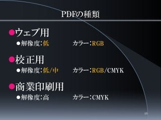 PDFの種類
ウェブ用
解像度：低 カラー：RGB
校正用
解像度：低/中 カラー：RGB/CMYK
商業印刷用
解像度：高 カラー：CMYK
15
 
