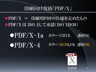 印刷向け規格「PDF/X」
PDF/X ＝ 印刷用PDFの仕様を定めたもの
PDF/X は ISO として承認（ISO 15930）
PDF/X-1a
PDF/X-4
カラー：CMYK 透明NG
カラー：RGBもOK 透明OK
21
 