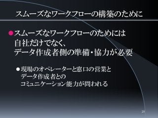 スムーズなワークフローの構築のために
スムーズなワークフローのためには
自社だけでなく、
データ作成者側の準備・協力が必要
現場のオペレーターと窓口の営業と
データ作成者との
コミュニケーション能力が問われる
25
 