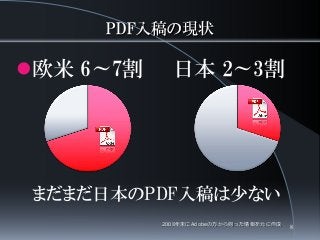 PDF入稿の現状
欧米 6～7割
まだまだ日本のPDF入稿は少ない
日本 2～3割
2008年末にAdobeの方から伺った情報を元に作成
8
 