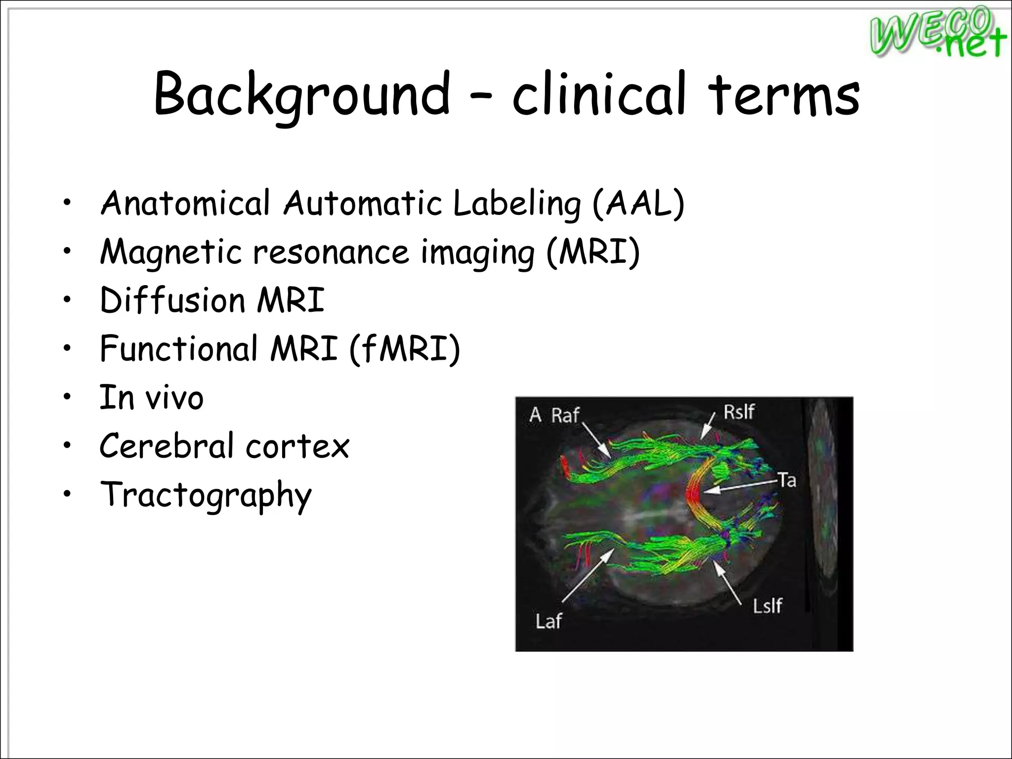 Background – clinical termsAnatomical Automatic Labeling (AAL)Magnetic resonance imaging (MRI)Diffusion MRIFunctional MRI (fMRI)In vivoCerebral cortexTractography