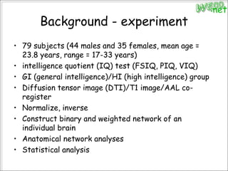 Background - experiment79 subjects (44 males and 35 females, mean age = 23.8 years, range = 17-33 years)intelligence quotient (IQ) test (FSIQ, PIQ, VIQ)GI (general intelligence)/HI (high intelligence) groupDiffusion tensor image (DTI)/T1 image/AAL co-registerNormalize, inverseConstruct binary and weighted network of an individual brainAnatomical network analysesStatistical analysis
