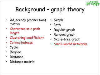 Background – graph theoryAdjacency (connection) matrixCharacteristic path lengthClustering coefficientConnectednessCycleDegreeDistanceDistance matrixGraphPathRegular graphRandom graphScale-free graphSmall-world networks