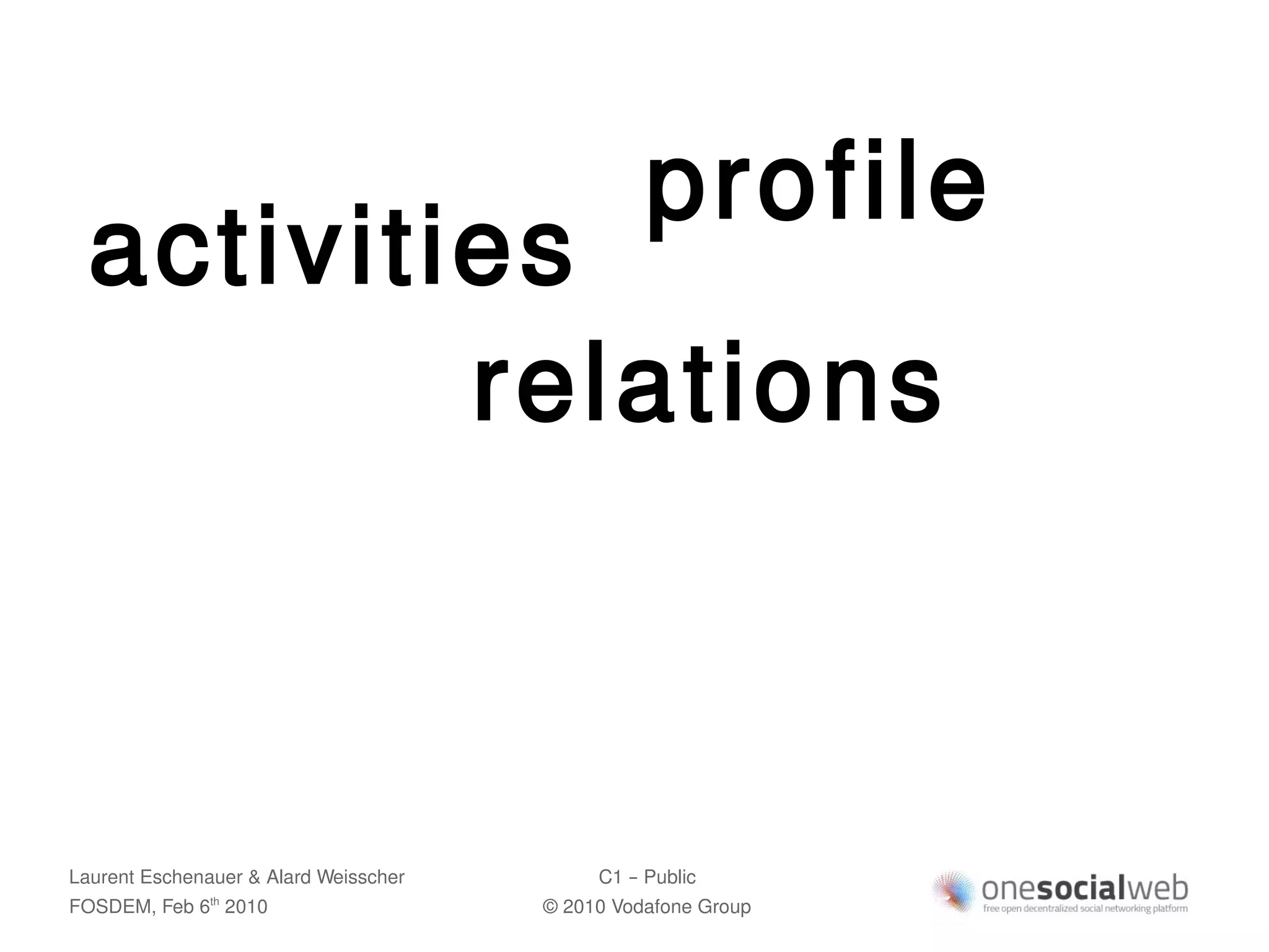 profile
  activities
          relations



Laurent Eschenauer & Alard Weisscher        C1 – Public
FOSDEM, Feb 6 2010
               th
                                       © 2010 Vodafone Group
 