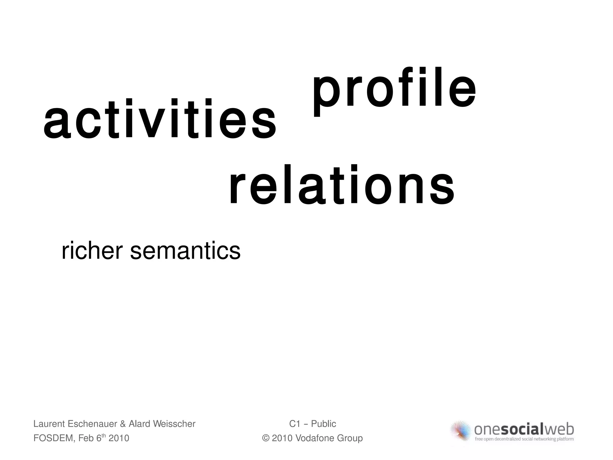 profile
  activities
          relations
      richer semantics




Laurent Eschenauer & Alard Weisscher        C1 – Public
FOSDEM, Feb 6 2010
               th
                                       © 2010 Vodafone Group
 