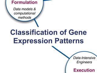 Formulation
Data models &
computational
  methods



Classification of Gene
        MappingPatterns
 Expression

                  Data-Intensive
                   Engineers

                  Execution
 