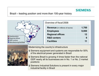 Brazil – leading position and more than 100-year history


                                           Overview Overview 2008
                                                    of fiscal 2008

                                             Revenue (in millions of euros)     1,700
                                             Employees                          9,000
                                             Regional offices                         12
Headquarters
Regional offices                             R&D centers                               6
R&D centers
Manufacturing facilities
                                             Facilities                               11

                           Modernizing the country's infrastructure
                           § Siemens equipment and systems are responsible for 50%
                             of the electrical power generated in Brazil
                           § Siemens Brazil is growing 4 times faster than the national
                             GDP nearly all its businesses are in No. 1 or No. 2 market
                             positions
                           § Siemens Industrial Solutions is present in every major
                             industrial facility in Brazil
 