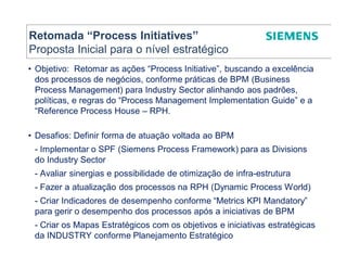 Retomada “Process Initiatives”
Proposta Inicial para o nível estratégico
• Objetivo: Retomar as ações “Process Initiative”, buscando a excelência
  dos processos de negócios, conforme práticas de BPM (Business
  Process Management) para Industry Sector alinhando aos padrões,
  políticas, e regras do “Process Management Implementation Guide” e a
  “Reference Process House – RPH.

• Desafios: Definir forma de atuação voltada ao BPM
 - Implementar o SPF (Siemens Process Framework) para as Divisions
 do Industry Sector
 - Avaliar sinergias e possibilidade de otimização de infra-estrutura
 - Fazer a atualização dos processos na RPH (Dynamic Process World)
 - Criar Indicadores de desempenho conforme “Metrics KPI Mandatory”
 para gerir o desempenho dos processos após a iniciativas de BPM
 - Criar os Mapas Estratégicos com os objetivos e iniciativas estratégicas
 da INDUSTRY conforme Planejamento Estratégico
 