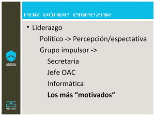 Por dónde empezar Liderazgo Político -> Percepción/espectativa Grupo impulsor ->  Secretaria Jefe OAC Informática Los más “motivados” 