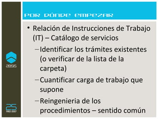 Por dónde empezar Relación de Instrucciones de Trabajo (IT) – Catálogo de servicios Identificar los trámites existentes  (o verificar de la lista de la carpeta) Cuantificar carga de trabajo que supone Reingenieria de los procedimientos – sentido común 