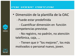 Por dónde empezar Dimensión de la plantilla de la OAC - Puede estar predefinida - Cuantificar dimensión en  función competencias previstas  - No registro, no padrón, no atención telefónica, caja, ... - Tienen que ir “los mejores”,  los más motivados o personal nuevo, joven. 